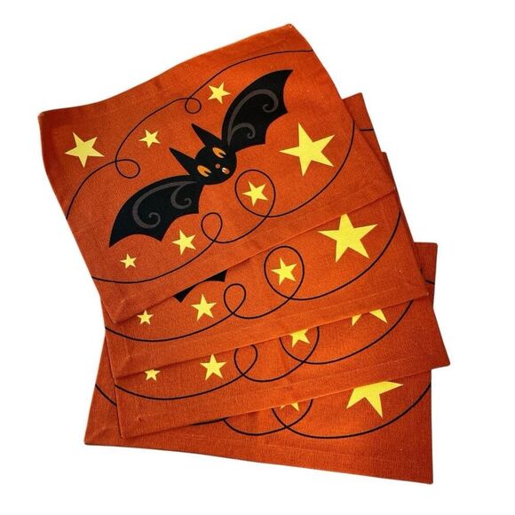 Johanna Parker Bat Stars Halloween Placemats Orange Black S/4 EUC Table Decor - Picture 1 of 3